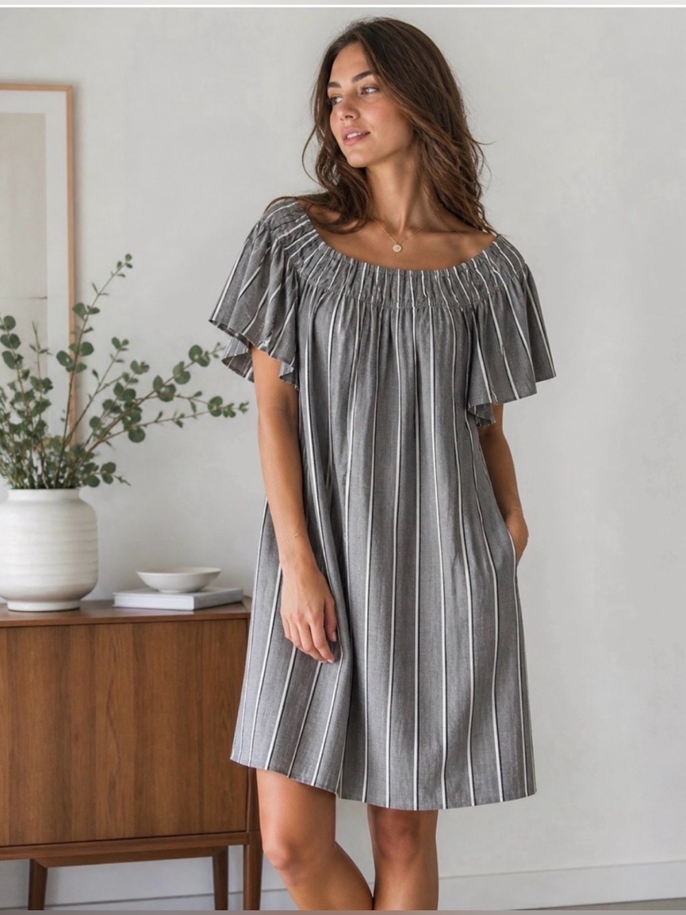 Abbey Glass Gray/Black/White Striped Off-the-Shoulder Shift Dress